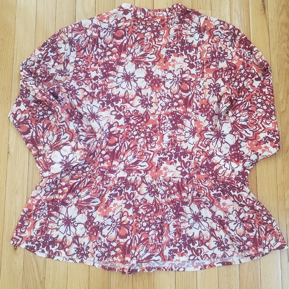 eShakti Womens Button Front Floral Top XL 18 Peplum Shirt 3/4 Roll Tab Sleeve - Picture 1 of 9